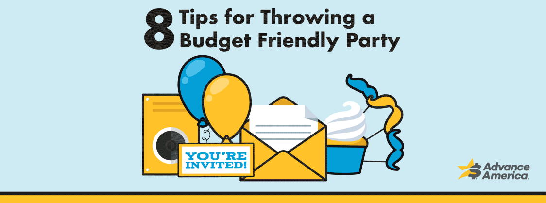 Eight animated/illustrated budget party tips; First, make own invitations; second, be selective with decorations; third, small guest list; fourth, go potluck; fifth, neighborhood street party; sixth, have a party theme; seventh, use public place; eighth, host game night