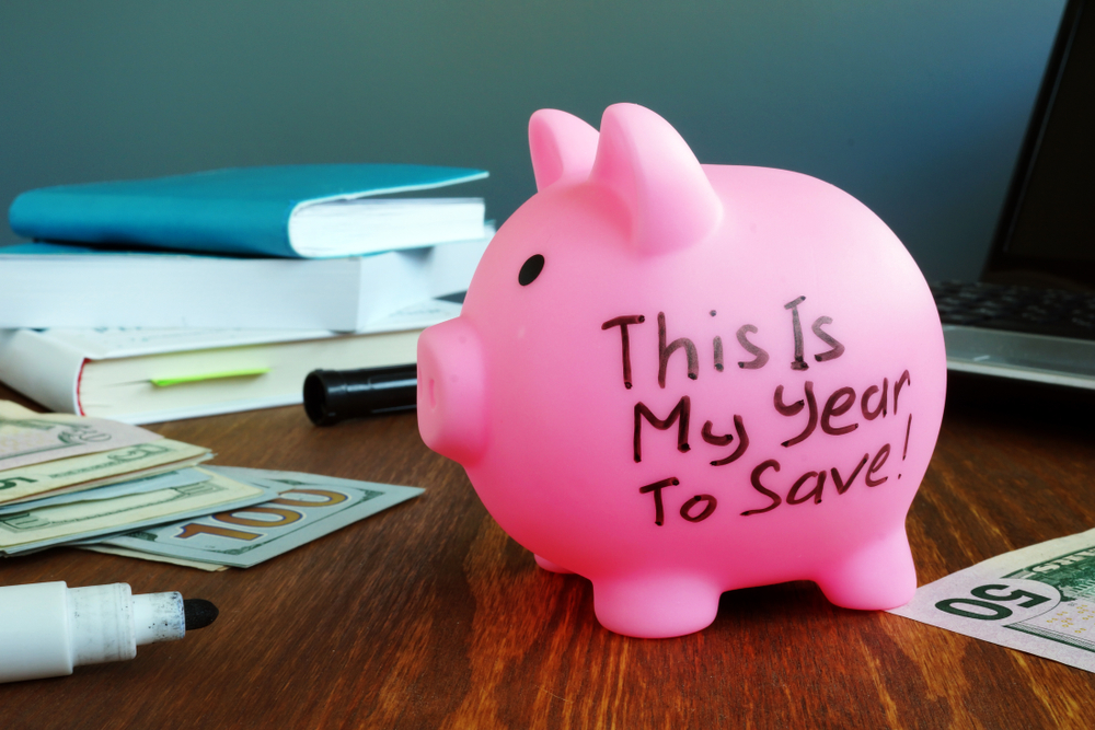Pink piggybank with "This is my year to save!" 