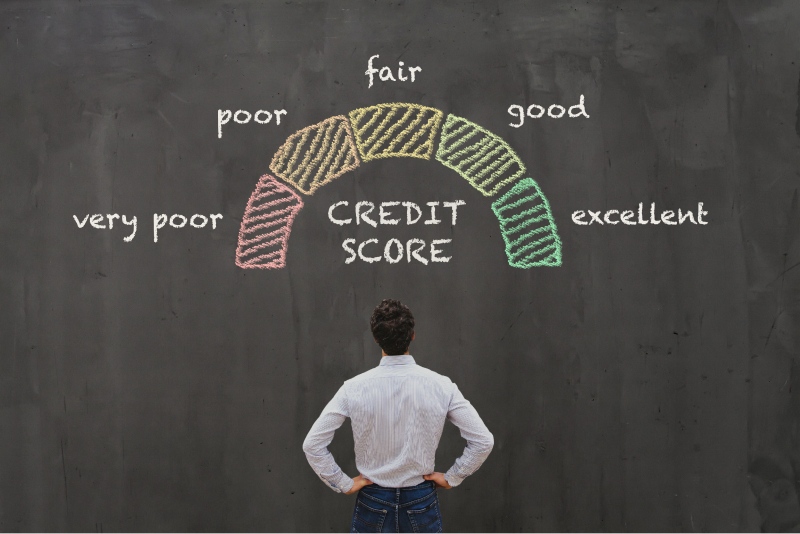 Man stares at credit score meter
