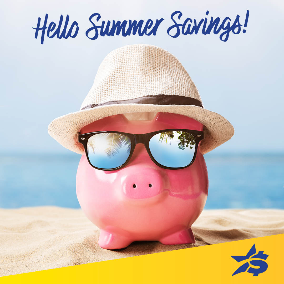A piggy bank on the beach in hat and sunglasses. title says "Hello Summer Savings!"