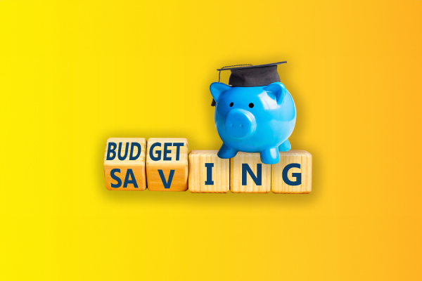 Budget Saving written with a piggy bank with a grad cap
