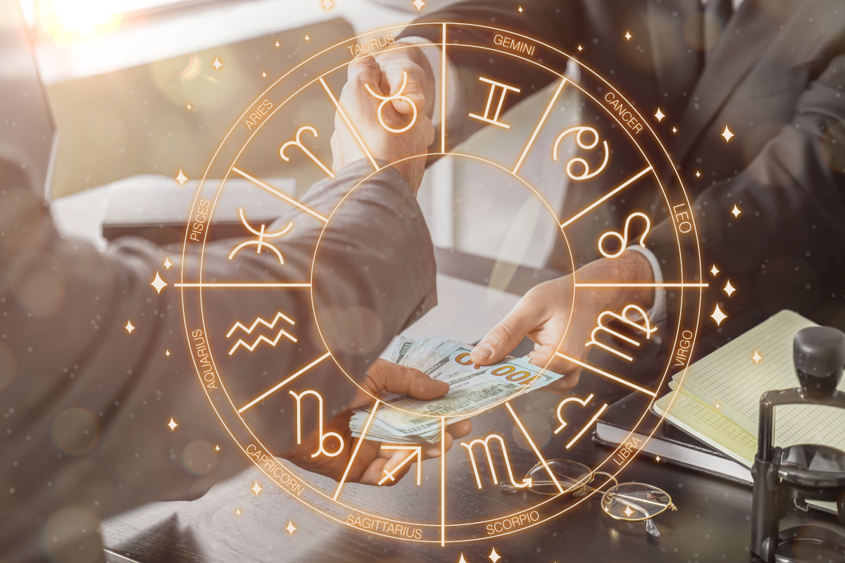 Zodiac chart with a successful deal in the background