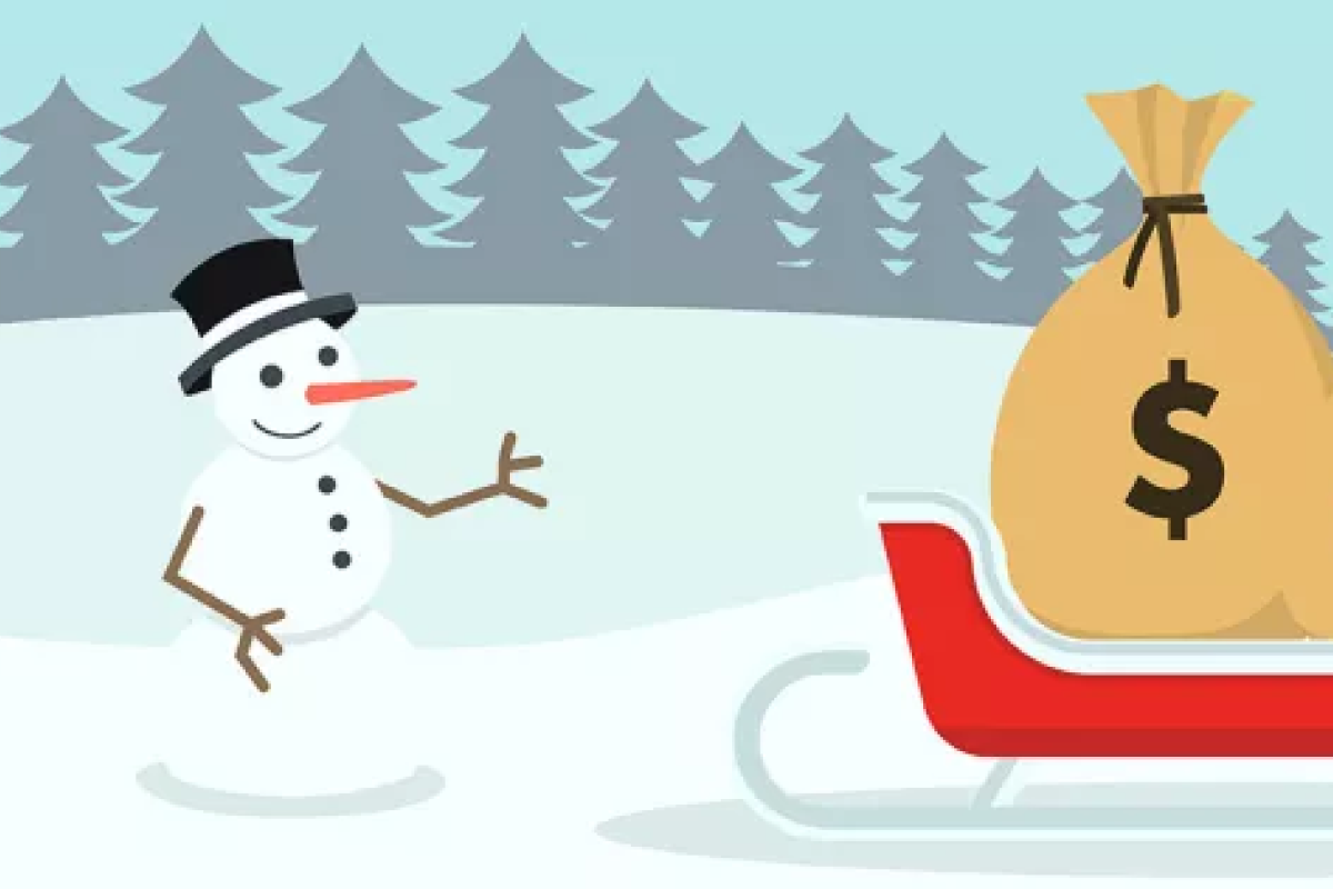 Snowman with money on a sled