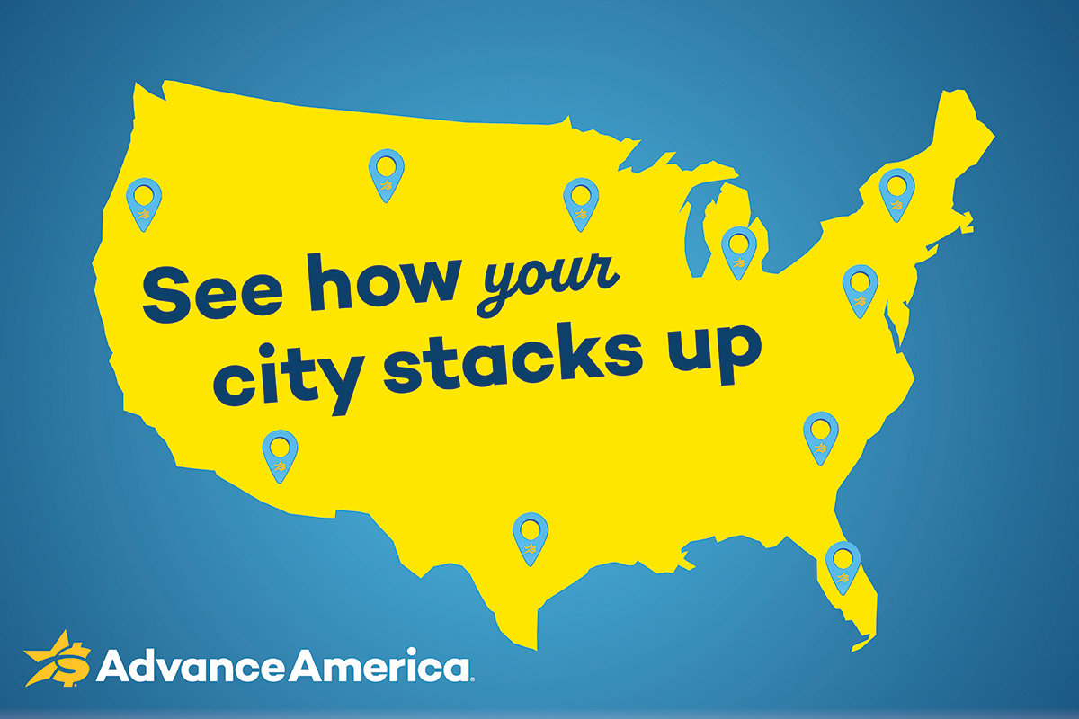 map of america with "see how your city stacks up" text over it