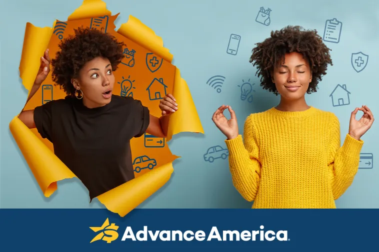 A stressed woman bursts through torn paper on the left, surrounded by expense icons. On the right, the same woman meditates calmly. Advance America logo at the bottom.