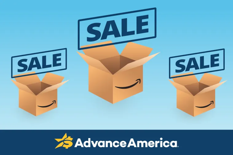 Three open Amazon shipping boxes with "Sale" signs, illustrating Amazon Prime Day deals — an Advance America guide to smart summer shopping.