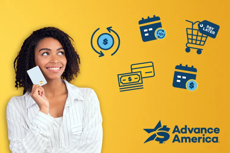 A smiling woman holds a card and looks up thoughtfully, surrounded by icons representing five credit card alternatives — including cash, a debit card, a payment plan, buy now pay later, and an installment option — against a bright yellow background with the Advance America logo.