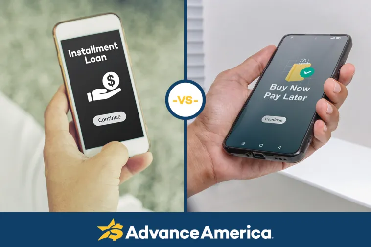 A split screen shows two hands, each holding a smartphone. The left displays a dark screen with the text "Installment Loan" above an icon of a hand holding a dollar coin, with a "Continue" button below. The right shows a dark screen with the text "Buy Now Pay Later" above a shopping bag icon with a checkmark, also with a "Continue" button. A circular badge in the center reads "-VS-" in gold text. The Advance America logo appears in a navy banner along the bottom of the image.