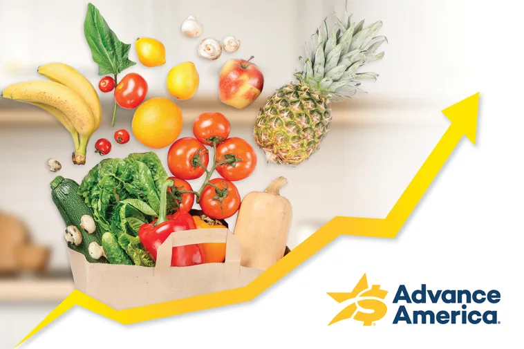 A paper grocery bag overflowing with fresh fruits and vegetables — including tomatoes, bananas, leafy greens, a pineapple, and peppers — with a bold yellow upward-trending arrow in the background, alongside the Advance America logo.