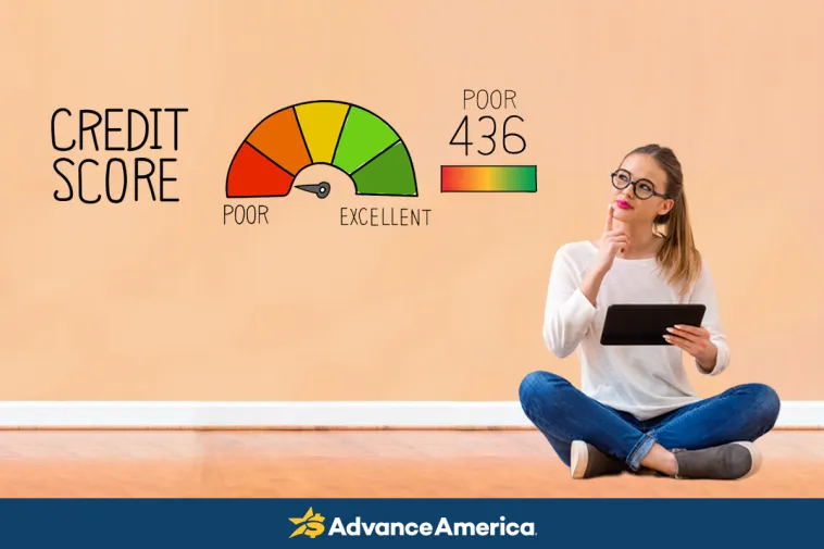A woman sits on the floor holding a tablet and looking thoughtfully at a credit score gauge showing a poor score of 436, representing someone exploring direct lenders for bad credit.