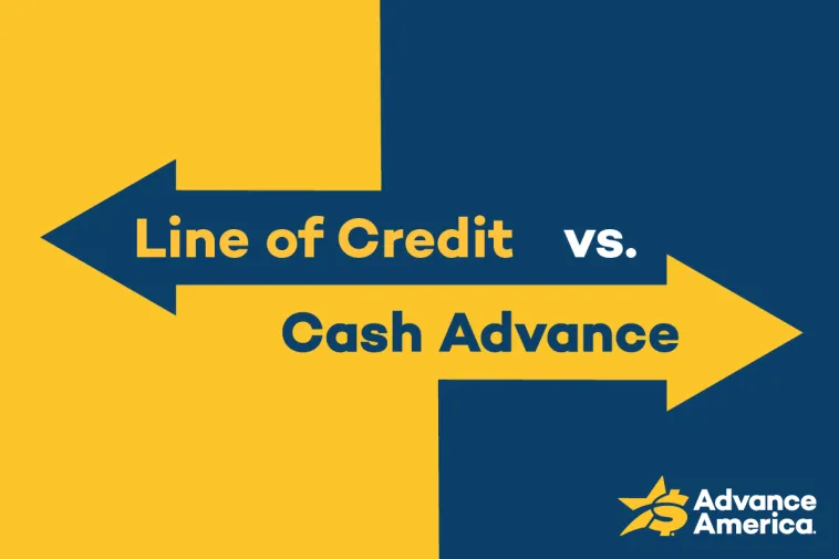 A split-screen graphic comparing a cash advance and a line of credit from Advance America. The left side represents a cash advance and the right side represents a line of credit, with a "vs." badge in the center. The Advance America logo appears at the bottom.