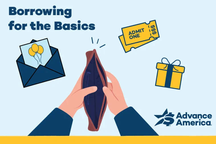 A person holds an empty wallet, surrounded by icons representing everyday expenses — an envelope, a ticket, and a gift box — with the text "Borrowing for the Basics" and the Advance America logo.