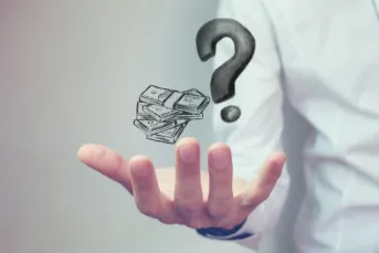 A question mark and money hover over a man’s upturned palm.