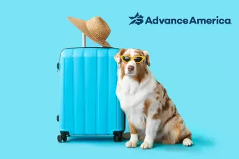 A dog wearing sunglasses sits in front of a light blue suitcase and sun hat.
