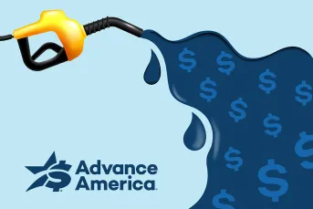 Graphic of a yellow gas pump squirting out dark blue liquid dotted with dollar signs. Advance America logo appears in the bottom left corner.