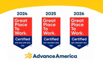 Three side-by-side Great Place To Work certifications (2024, 2025, 2026) above the Advance America logo.