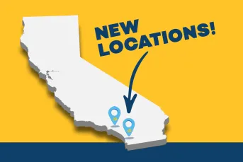 Illustrated map of California highlighting two new Advance America store locations in Southern California.