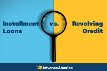 A split-screen graphic divided diagonally by a magnifying glass. The left side has a blue background with the text "Installment Loans" and the right side has a yellow background with the text "Revolving Credit," with "vs." displayed in the center. The Advance America logo appears in a dark blue banner at the bottom.
