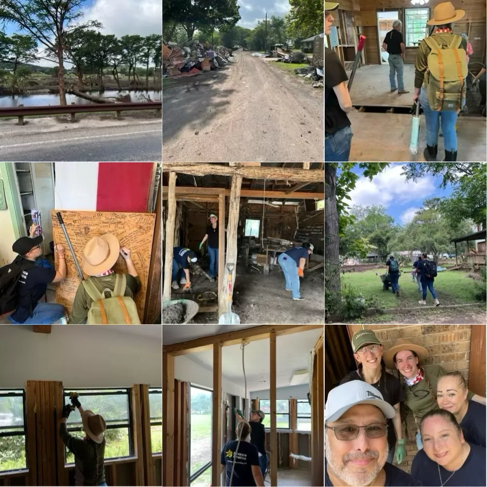 collage of team members volunteering after the Texas flood