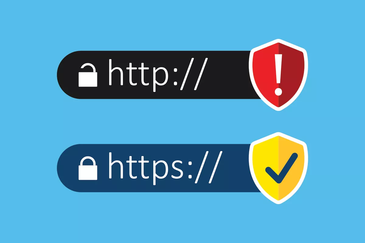 Comparison of an unsecure web address (no lock icon) to a secure one (padlock and starts with https).