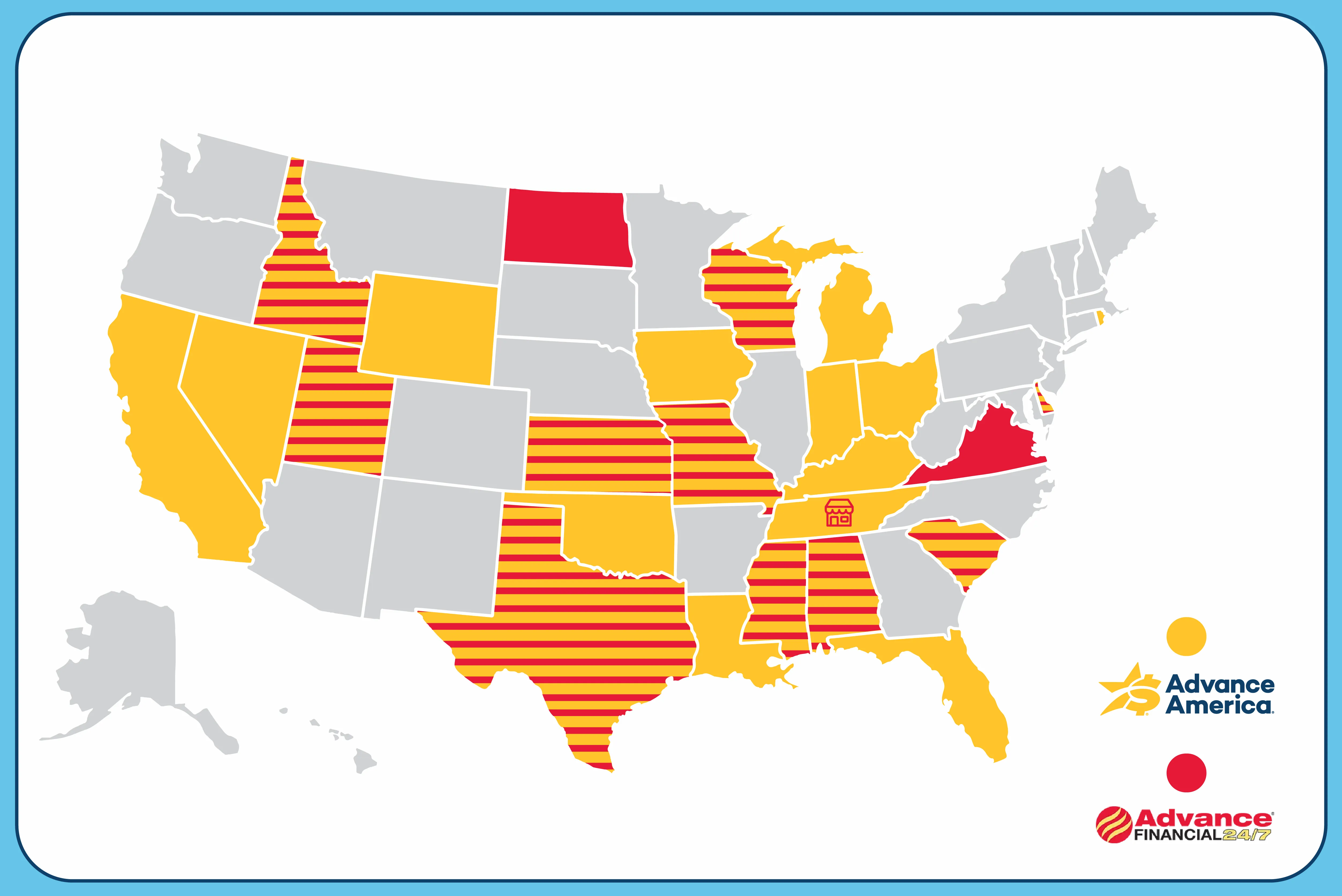 A map of state locations for Advance America and Advance Financial.