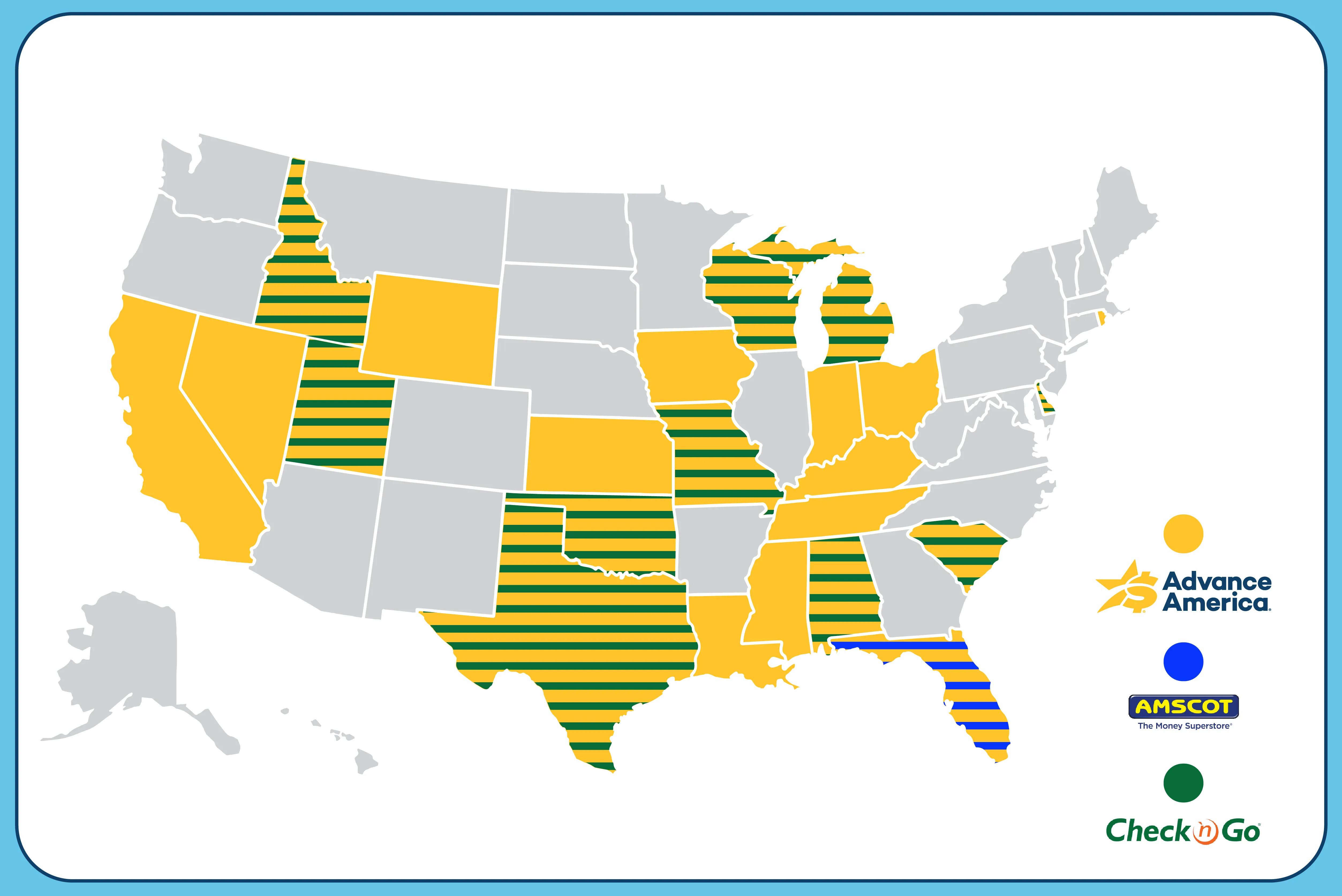 Advance America vs. Amscot vs. Check 'n Go state location map