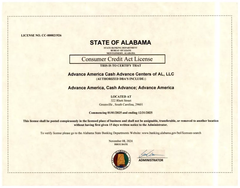 Alabama consumer credit license