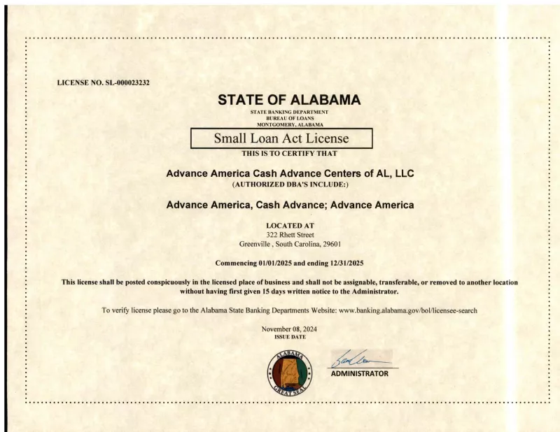 Alabama small loan act license