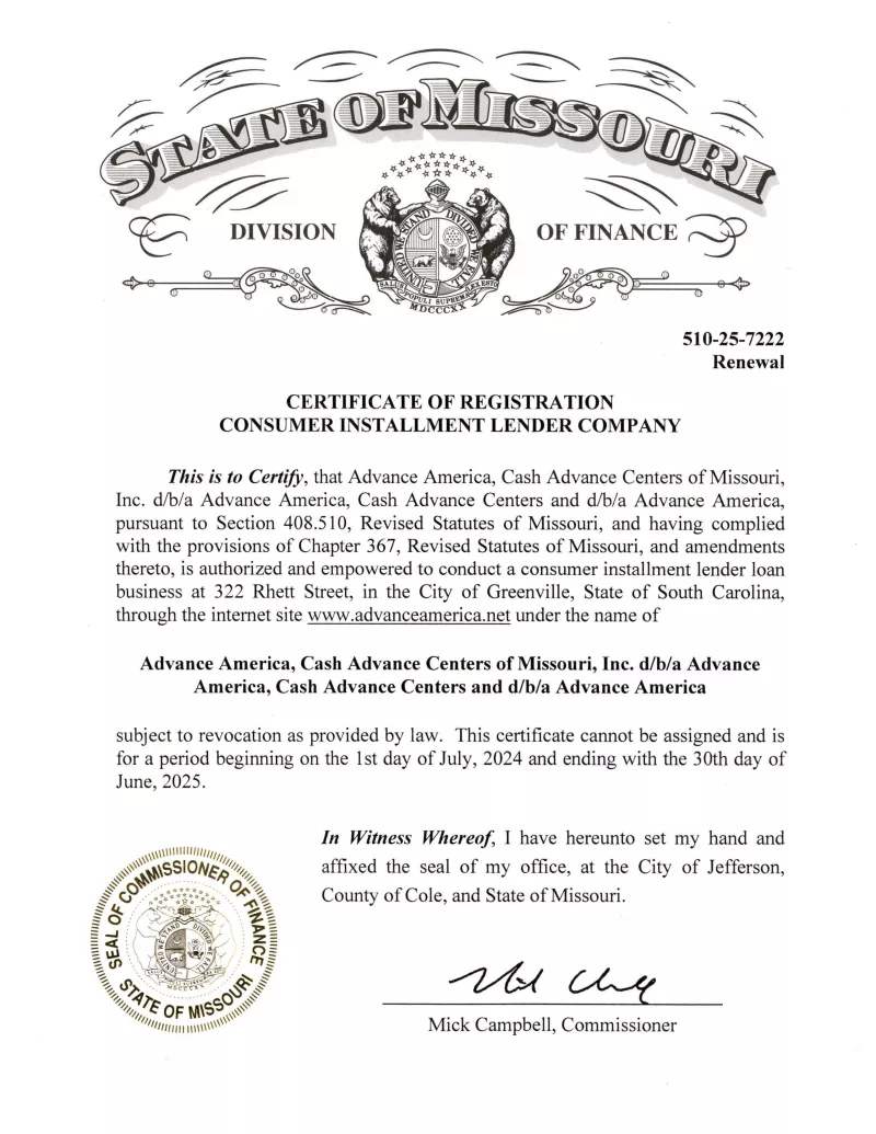 Missouri certificate
