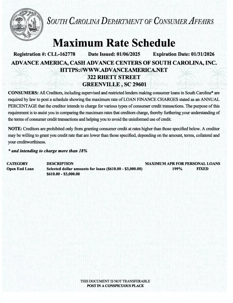 SC Maximum rate schedule