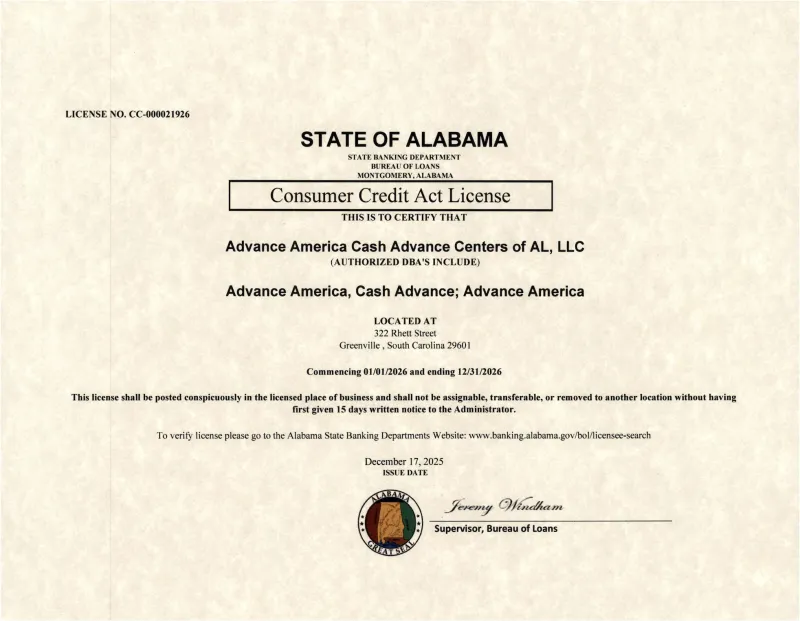 AL Consumer Credit License 2026